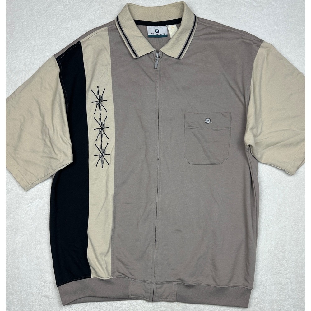 Greenline Mens XL Vintage Full Zip Polo Shirt Atomic‎ Starburst Colorblock Taupe